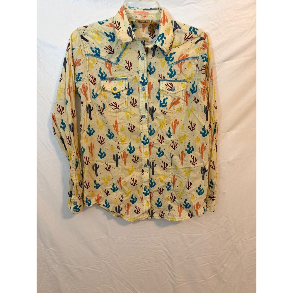 Wrangler Womens Cactus Print Western Snap Shirt Cream Blue LW1867M Medium